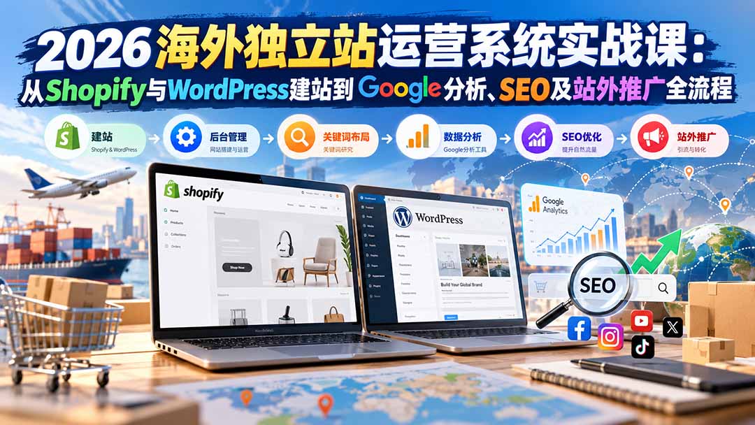 2026海外独立站运营系统实战课:从Shopify与WordPress建站到Google分析、SEO及站外推广全流程-只做优质可落地项目