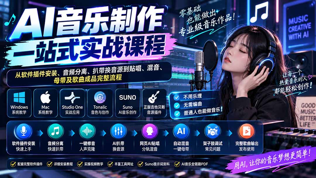 AI音乐制作一站式实战课程：从软件插件安装、音频分离、扒带换音源到贴唱、混音、母带及歌曲成品完整流程-只做优质可落地项目
