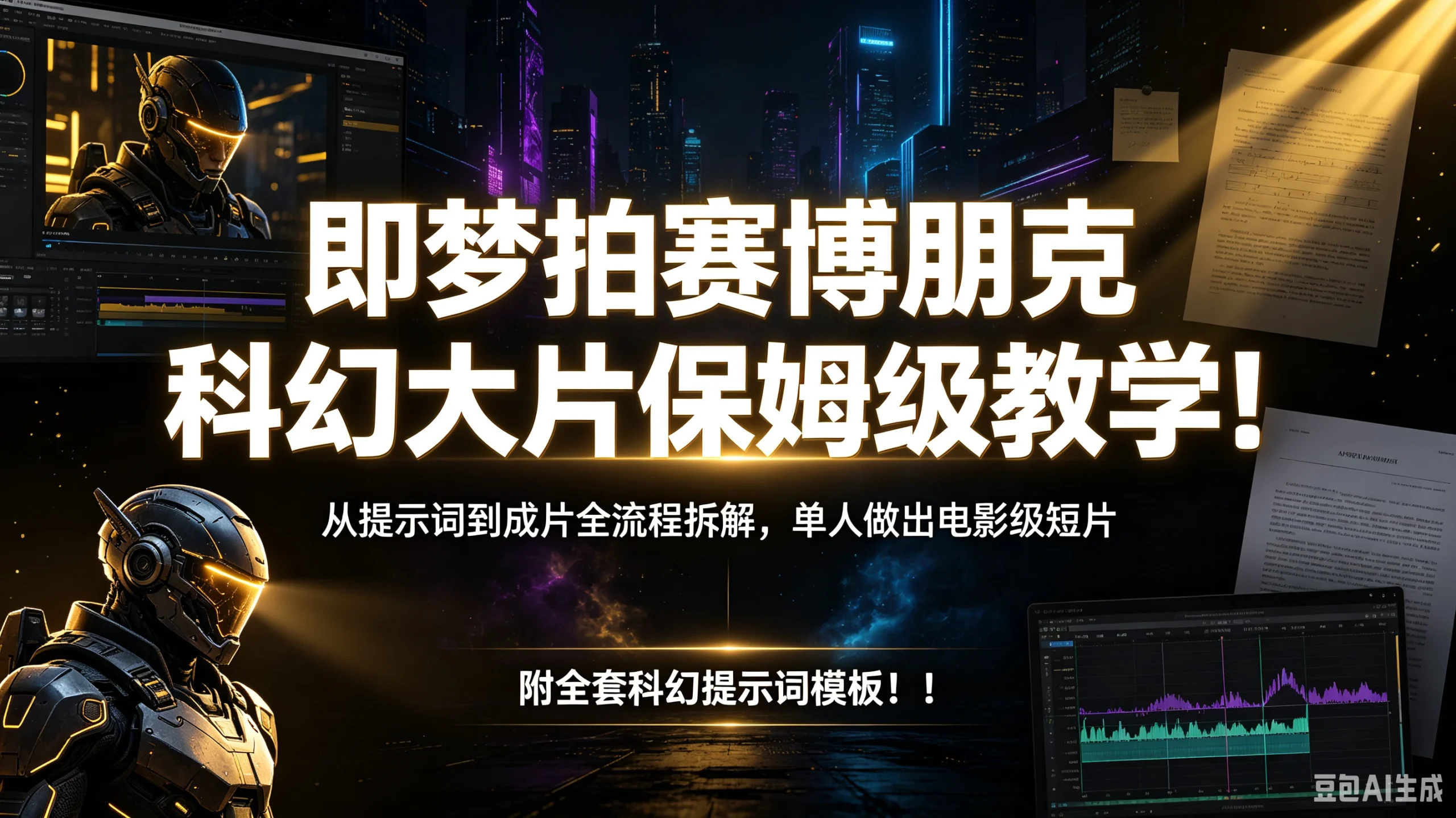 【精】即梦拍赛博朋克科幻大片保姆级教学!从提示词到成片全流程拆解,单人做出电影级短片,附全套科幻提示词模板!!-只做优质可落地项目