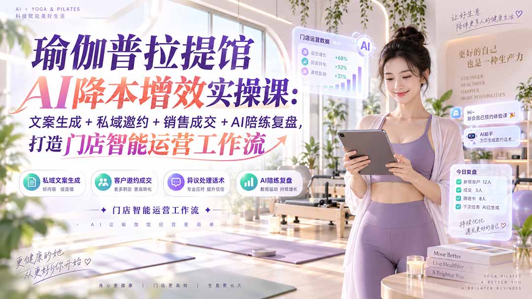 瑜伽普拉提馆AI降本增效实操课：文案生成+私域邀约+销售成交+AI陪练复盘，打造门店智能运营工作流-只做优质可落地项目