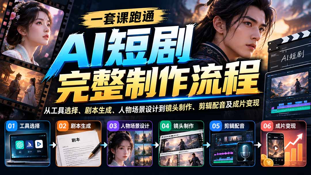 一套课跑通AI短剧完整制作流程：从工具选择、剧本生成、人物场景设计到镜头制作、剪辑配音及成片变现-只做优质可落地项目