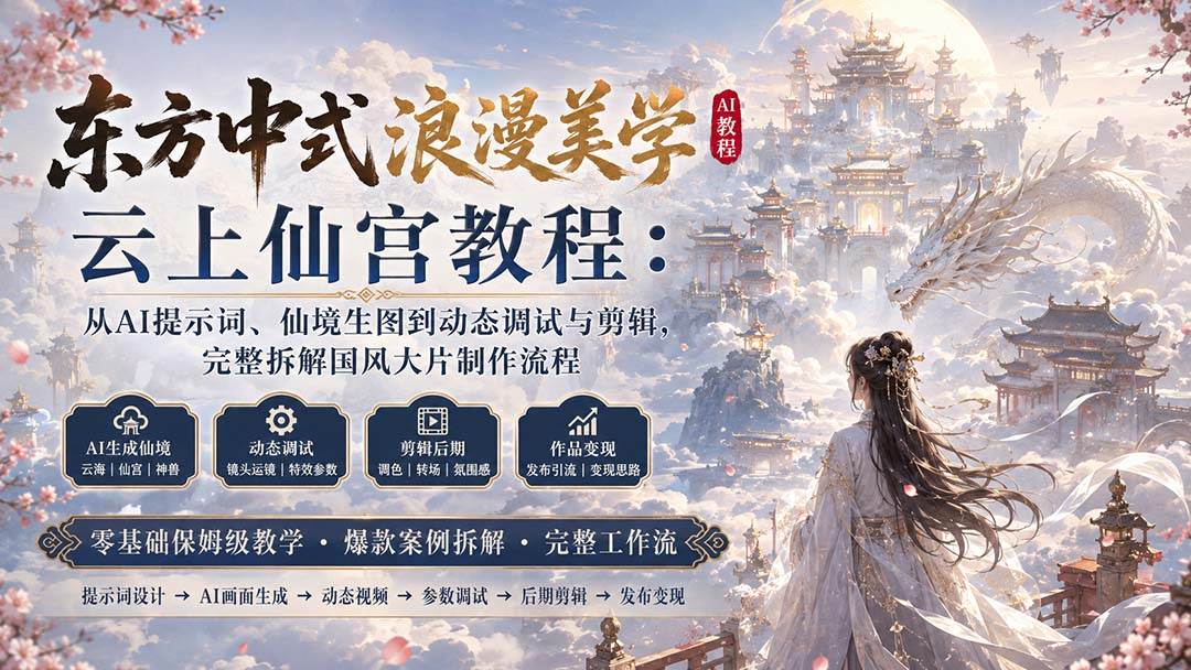 （20147期）东方中式浪漫美学云上仙宫教程：从AI提示词、仙境生图到动态调试与剪辑，完整拆解国风大片制作流程-只做优质可落地项目