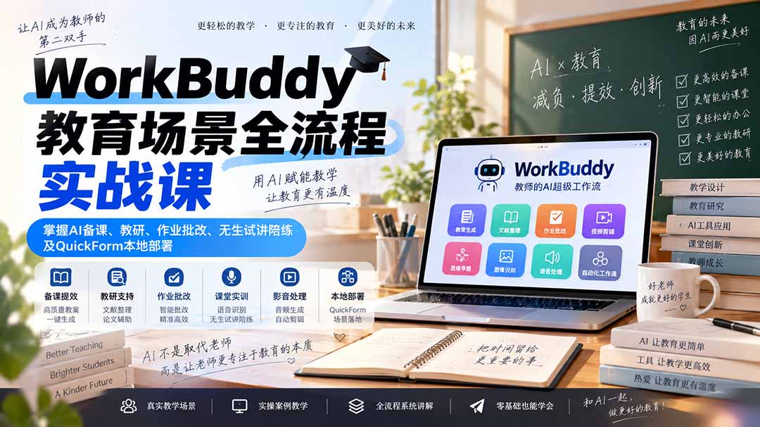 WorkBuddy教育场景全流程实战课：掌握AI备课、教研、作业批改、无生试讲陪练及QuickForm本地部署-只做优质可落地项目