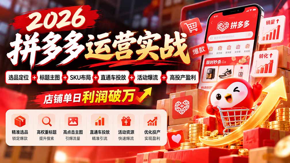 2026拼多多运营实战-更新1002：选品定位+标题主图+SKU布局+直通车投放+活动爆流+高投产盈利 店铺单日利润破万-只做优质可落地项目
