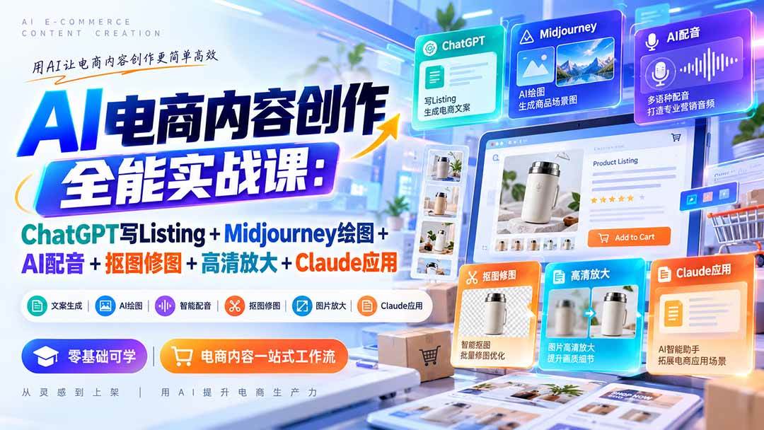 （20770期）【无水印】AI电商内容创作全能实战课：ChatGPT写Listing+Midjourney绘图+AI配音+抠图修图+高清放大+Claude应用-只做优质可落地项目