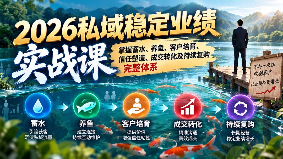 2026私域稳定业绩实战课:掌握蓄水、养鱼、客户培育、信任塑造、成交转化及持续复购完整体系-只做优质可落地项目