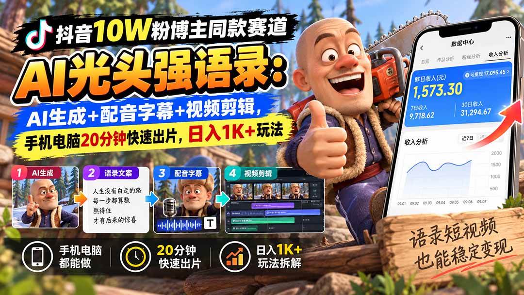(20687期)【无水印】抖音10W粉博主同款赛道AI光头强语录:AI生成+配音字幕+视频剪辑,手机电脑20分钟快速出片,日入1K+玩法 (20687期)【无水印】抖音10W粉博主同款赛道AI光头强语录:AI生成+配音字幕+视频剪辑,手机电脑20分钟快速出片,日入1K+玩法