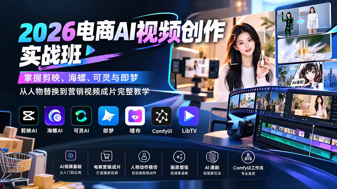 2026电商AI视频创作实战班：掌握剪映、海螺、可灵与即梦，从人物替换到营销视频成片完整教学-只做优质可落地项目