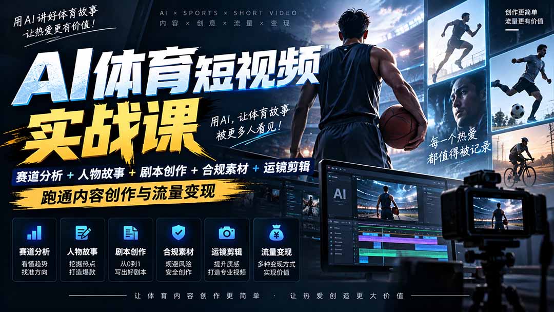 AI体育短视频赛道顶级玩法｜赛道分析+人物故事+剧本创作+版权处理+运镜剪辑，跑通流量变现-日赚1K+-只做优质可落地项目
