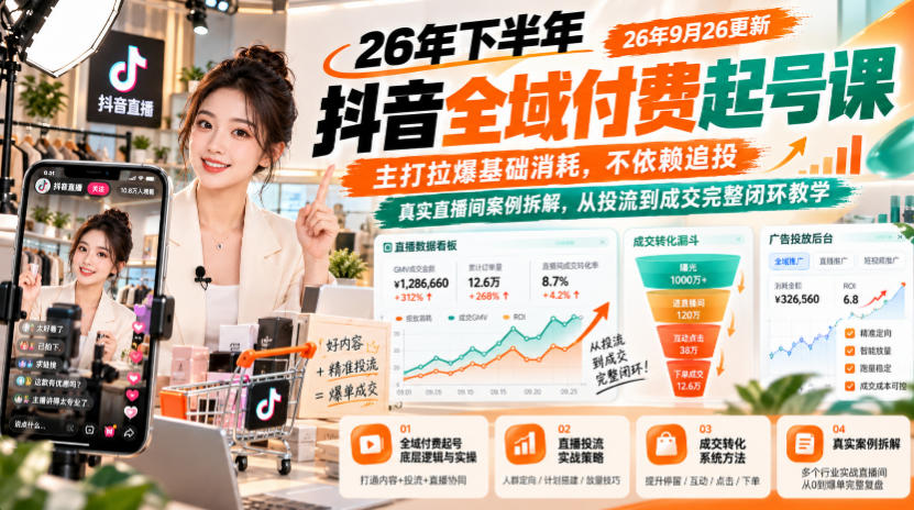 26年下半年抖音全域付费起号课26年9月26更新，主打拉爆基础消耗，不依赖追投，真实直播间案例拆解，从投流到成交完整闭环教学-只做优质可落地项目