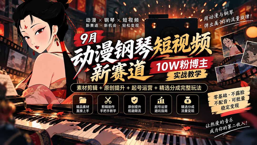 9月动漫钢琴短视频新赛道｜10W粉博主实战教学，素材剪辑+原创提升+起号运营+精选分成完整玩法-只做优质可落地项目