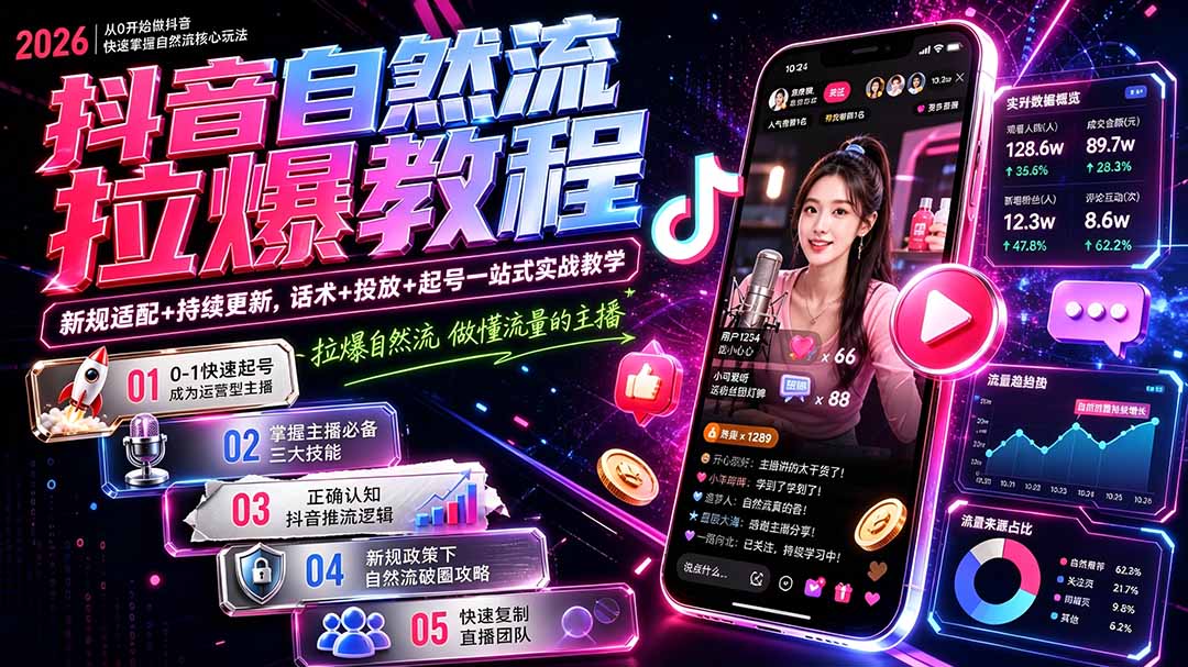 抖音自然流拉爆教程-更新9月：做懂流量的主播，新规适配+持续更新，话术+投放+起号一站式实战教学-只做优质可落地项目