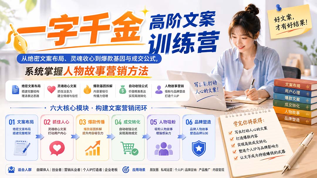 一字千金高阶文案训练营：从绝密文案布局、灵魂收心到爆款基因与成交公式，系统掌握人物故事营销方法-只做优质可落地项目