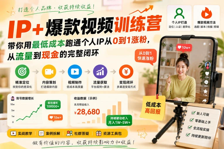 【精】AI+IP爆款视频训练营,带你用最低成本跑通个人IP从0到1涨粉,从流量到现金的完整闭环-只做优质可落地项目