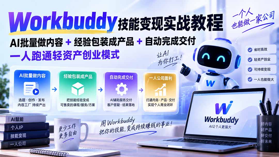 Workbuddy技能变现实战教程：AI批量做内容+经验包装成产品+自动完成交付，一人跑通轻资产创业模式-只做优质可落地项目