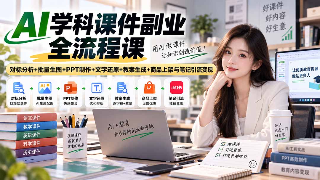 AI学科课件副业全流程课｜对标分析+批量生图+PPT制作+文字还原+教案生成+商品上架与笔记引流变现-只做优质可落地项目