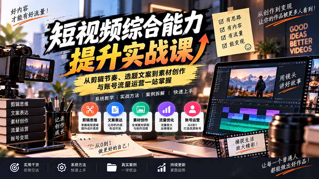 短视频综合能力提升实战课：从剪辑节奏、选题文案到素材创作与账号流量运营一站掌握-只做优质可落地项目