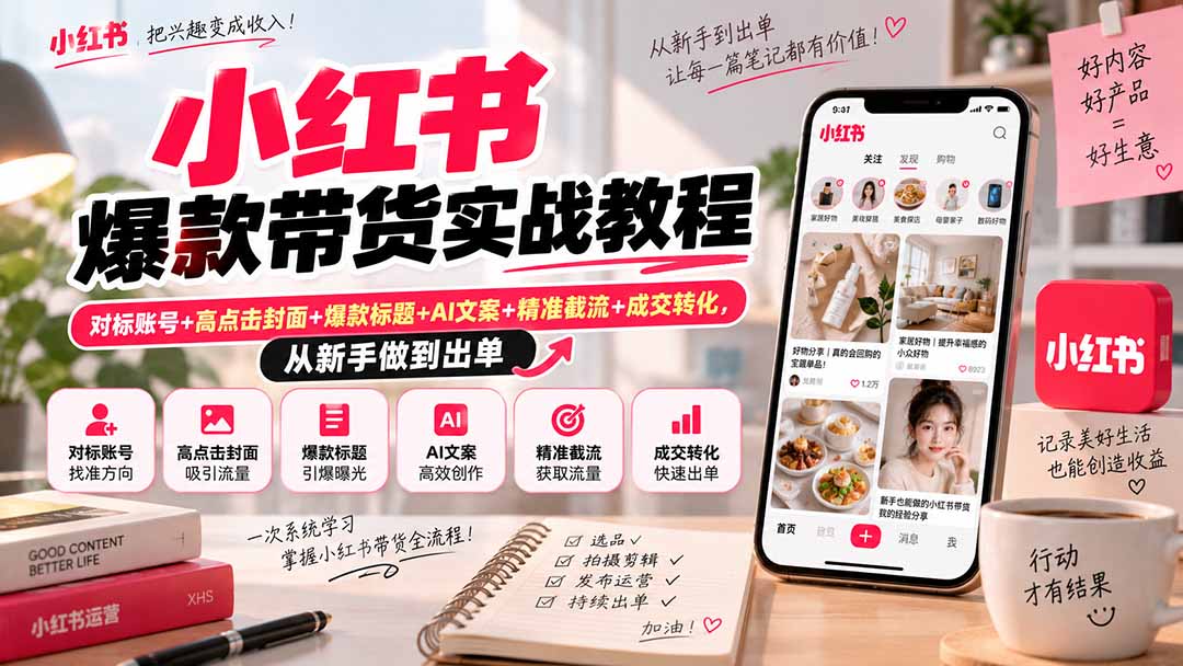 小红书爆款带货实战教程|对标账号+高点击封面+爆款标题+AI文案+精准截流+成交转化,从新手做到出单-只做优质可落地项目