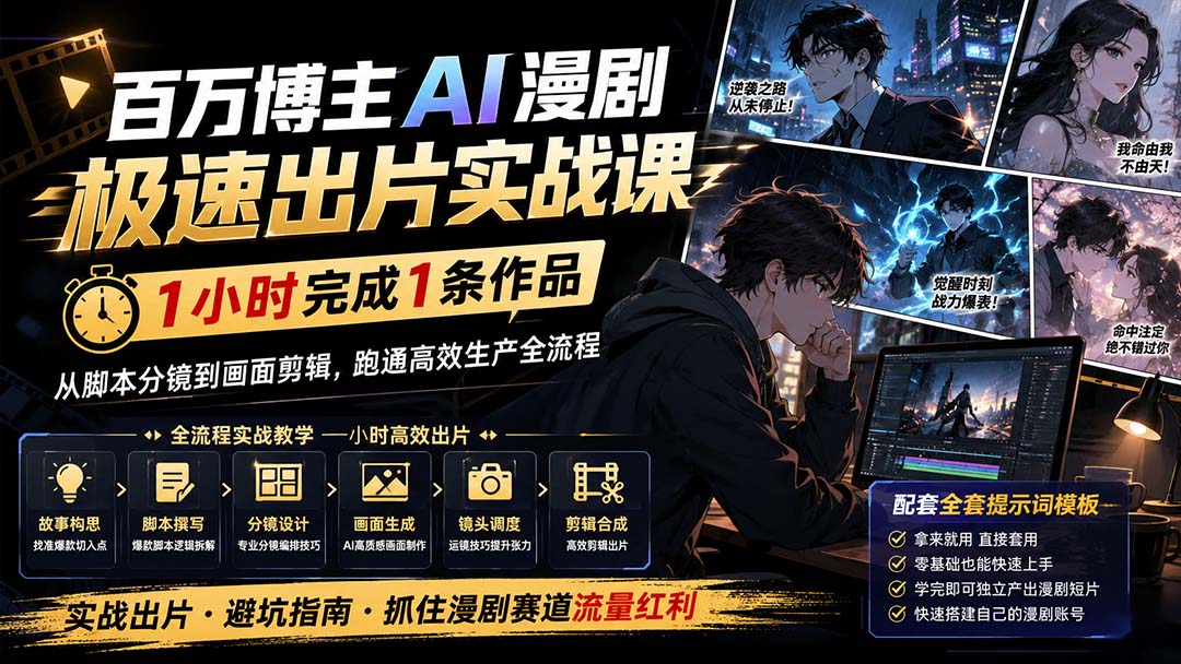 百万博主AI漫剧极速出片实战课：1小时产出条作品，从脚本分镜到画面剪辑，跑通高效生产全流程-只做优质可落地项目