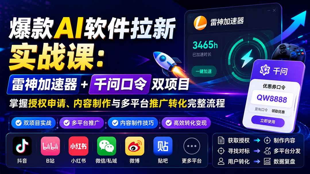 （20230期）爆款AI软件拉新实战课：雷神加速器+千问口令双项目，掌握授权申请、内容制作与多平台推广转化完整流程-只做优质可落地项目