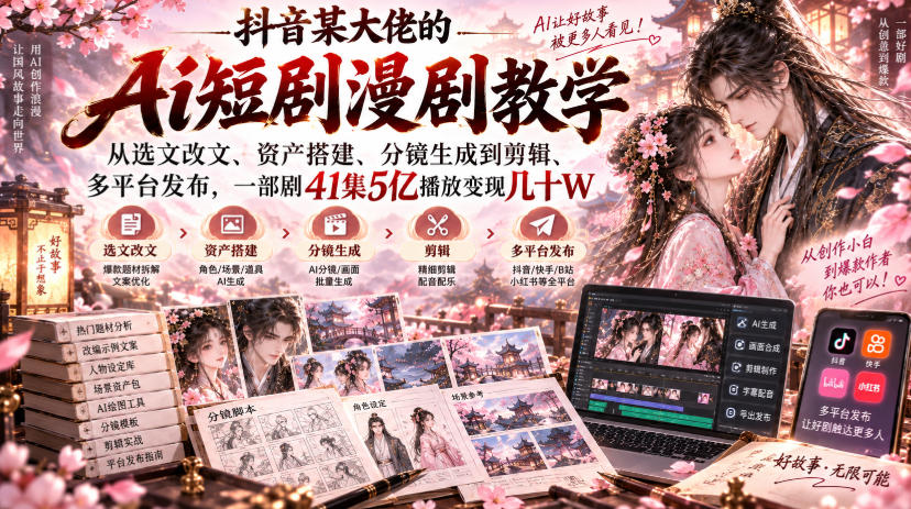【精】抖音某大佬的Ai短剧漫剧教学，从选文改文、资产搭建、分镜生成到剪辑、多平台发布，一部剧41集5亿播放变现几十W-只做优质可落地项目
