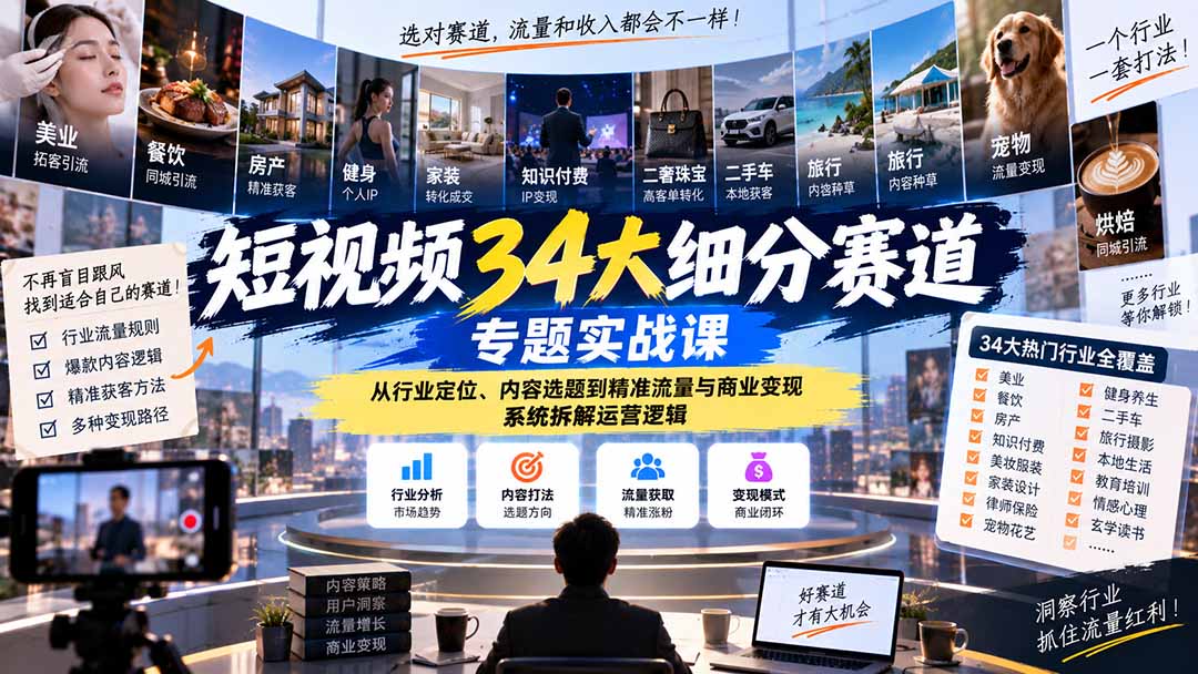 短视频34大细分赛道专题实战课：从行业定位、内容选题到精准流量与商业变现，系统拆解运营逻辑-只做优质可落地项目