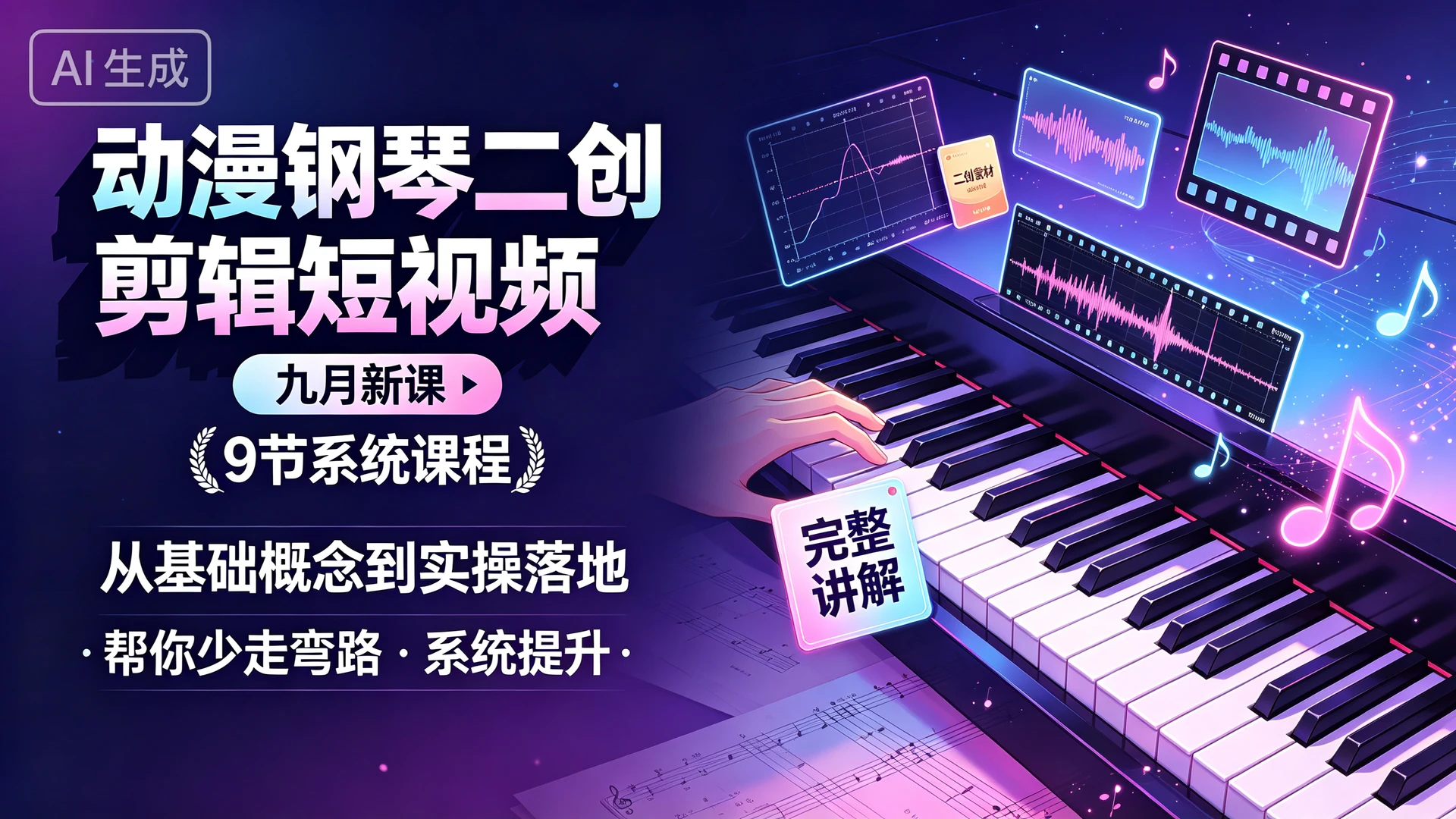 动漫钢琴二创剪辑短视频 九月新课,9 节系统课程,从基础概念到实操落地完整讲解,帮你少走弯路系统提升-只做优质可落地项目