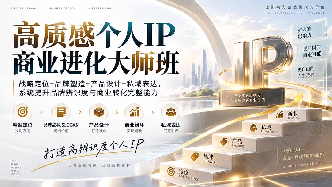高质感个人IP商业进化大师班：战略定位+品牌塑造+产品设计+私域表达，系统提升品牌辨识度与商业转化完整能力-只做优质可落地项目