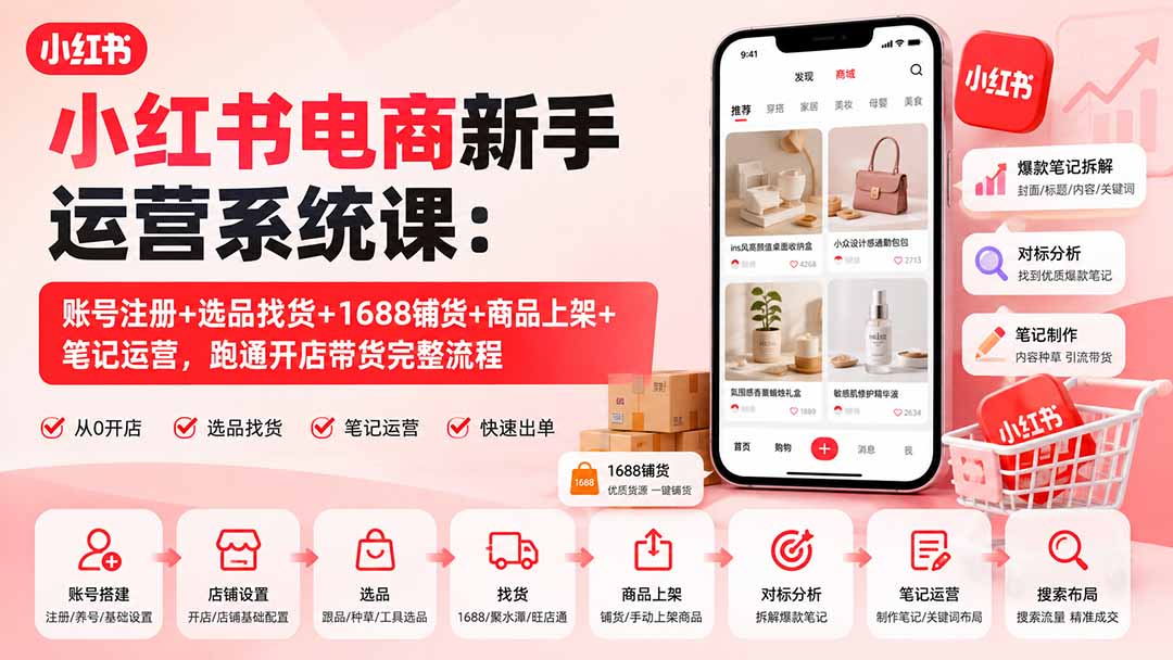 小红书电商新手运营系统课:账号注册+选品找货+1688铺货+商品上架+笔记运营,跑通开店带货完整流程-只做优质可落地项目