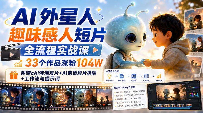 【精】AI外星人趣味感人短片全流程实战课,33个作品涨粉104W,附赠AI催泪短片+AI亲情短片拆解+工作流与提示词-只做优质可落地项目