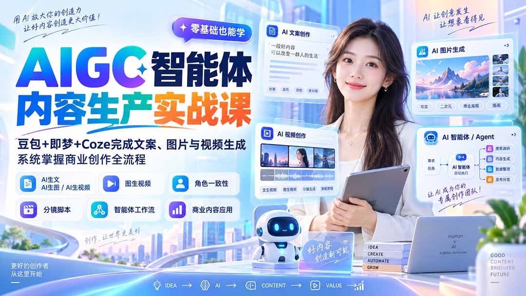 AIGC智能体内容生产实战课：豆包+即梦+Coze完成文案、图片与视频生成，系统掌握商业创作全流程-只做优质可落地项目