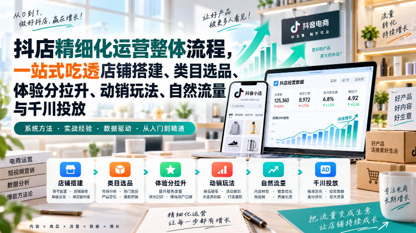【精】李哥电商-抖店精细化运营整体流程,一站式吃透店铺搭建、类目选品、体验分拉升、动销玩法、自然流量与千川投放-只做优质可落地项目