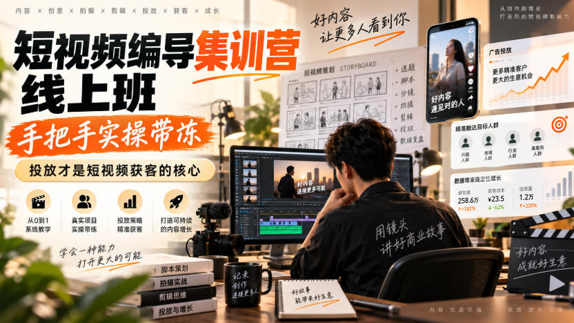 【精】短视频编导集训营线上班,手把手实操带冻,投放才是短视频获客的核心-只做优质可落地项目