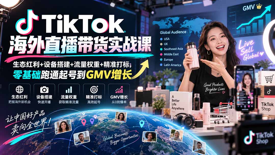 TikTok海外直播带货实战课｜生态红利+设备搭建+流量权重+精准打标，零基础跑通起号到GMV增长-只做优质可落地项目