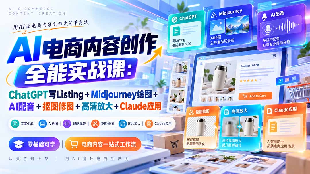 【无水印】AI电商内容创作全能实战课：ChatGPT写Listing+Midjourney绘图+AI配音+抠图修图+高清放大+Claude应用-只做优质可落地项目