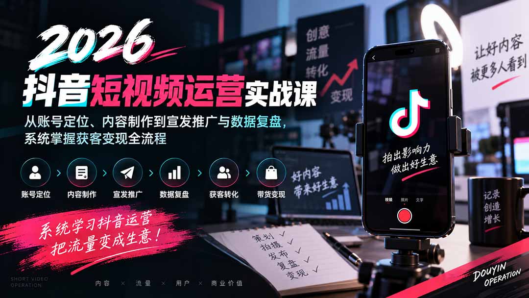 2026抖音短视频运营实战课：从账号定位、内容制作到宣发推广与数据复盘，系统掌握获客变现全流程-只做优质可落地项目