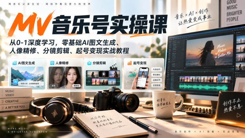 【精】AI MV音乐号实操课,从0-1深度学习,零基础AI图文生成、人像精修、分镜剪辑、起号变现实战教程-只做优质可落地项目