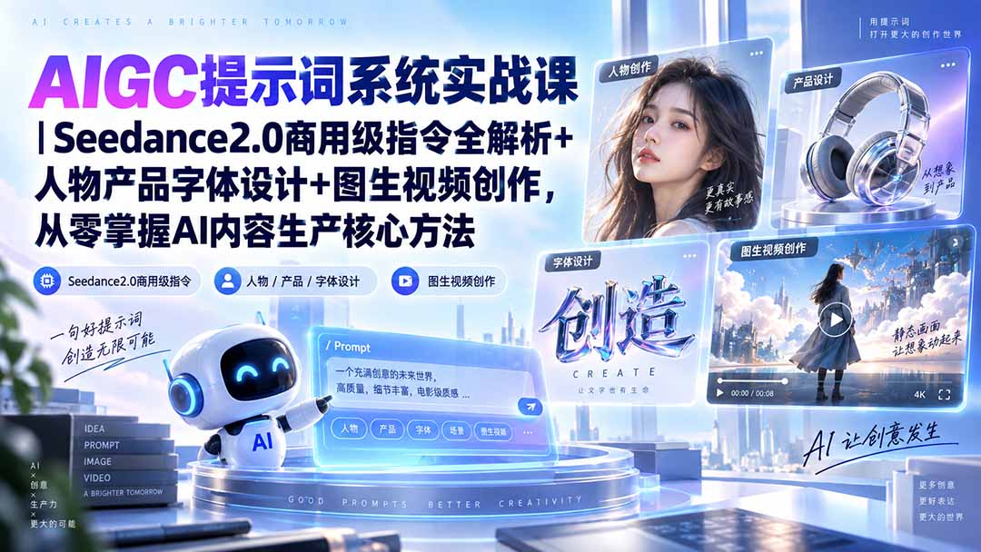 AIGC提示词系统实战课-无水印｜Seedance2.0商用级指令全解析+人物产品字体设计+图生视频创作，掌握AI内容生产方法-只做优质可落地项目