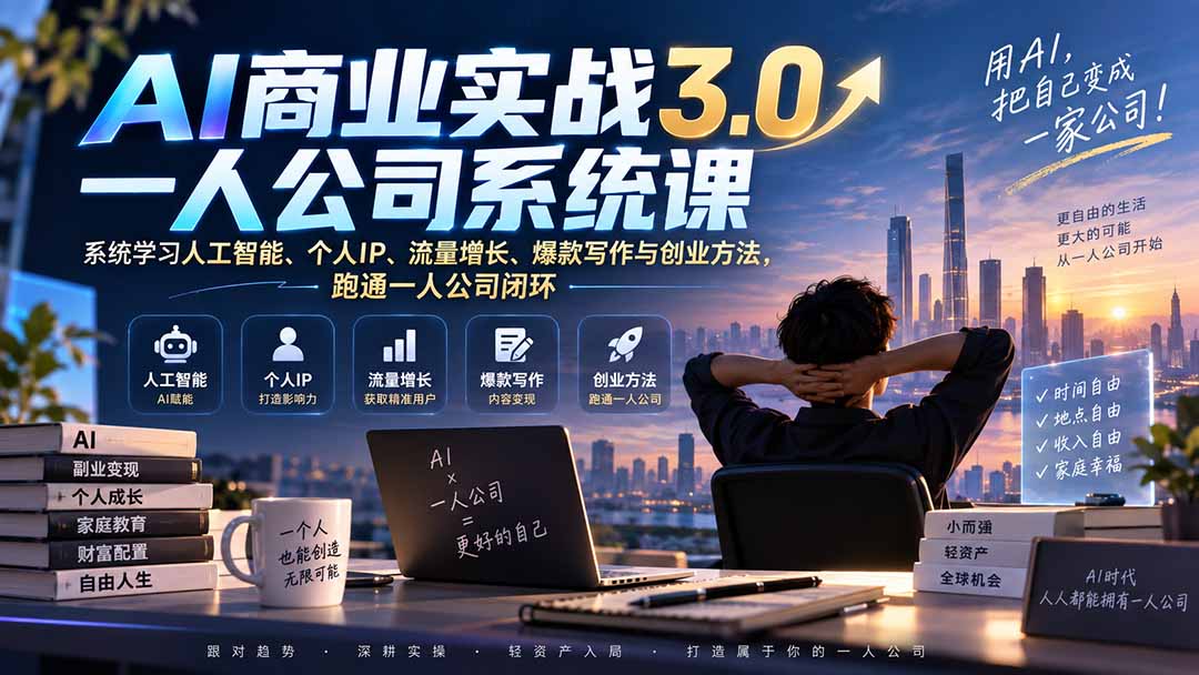 AI商业实战3.0一人公司系统课：系统学习人工智能、个人IP、流量增长、爆款写作与创业方法，跑通一人公司闭环-只做优质可落地项目