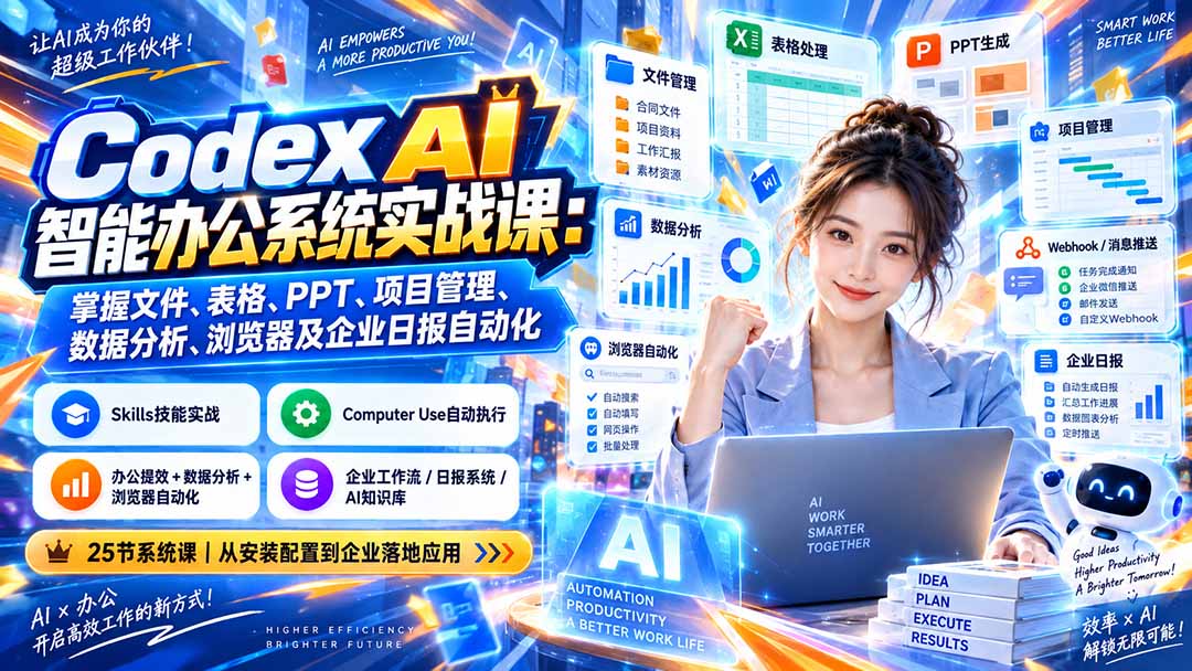 Codex AI智能办公系统实战课：掌握文件、表格、PPT、项目管理、数据分析、浏览器及企业日报自动化-只做优质可落地项目