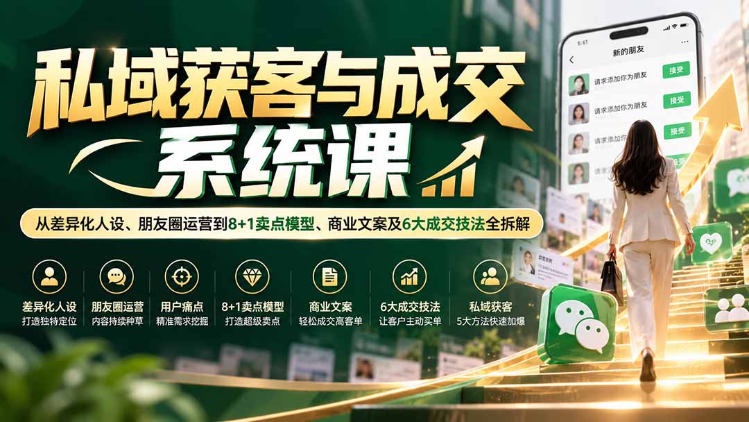 私域获客与成交系统课:从差异化人设、朋友圈运营到8+1卖点模型、商业文案及6大成交技法全拆解-只做优质可落地项目