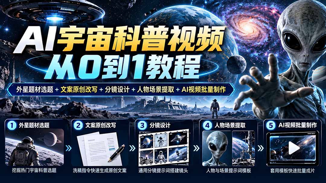 AI宇宙科普视频从0到1教程｜外星题材选题+文案原创改写+分镜设计+人物场景提取+AI视频批量制作-只做优质可落地项目
