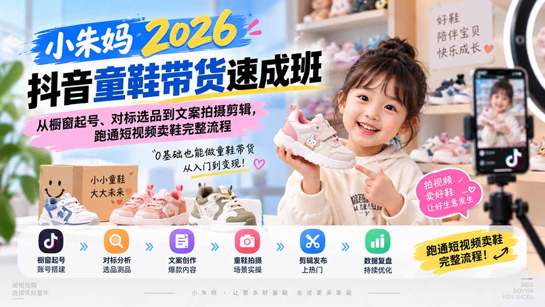 小朱妈2026抖音童鞋带货速成班：从橱窗起号、对标选品到文案拍摄剪辑，跑通短视频卖鞋完整流程-只做优质可落地项目
