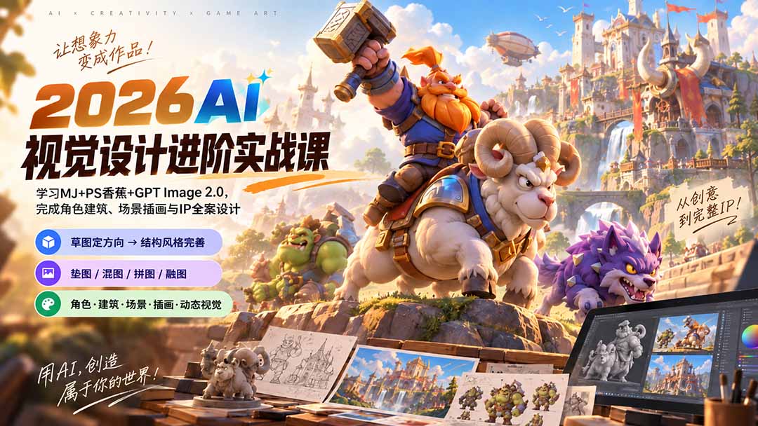 2026AI视觉设计进阶实战课-更新：学习MJ+PS香蕉+GPT Image 2.0，完成角色建筑、场景插画与IP全案设计-只做优质可落地项目