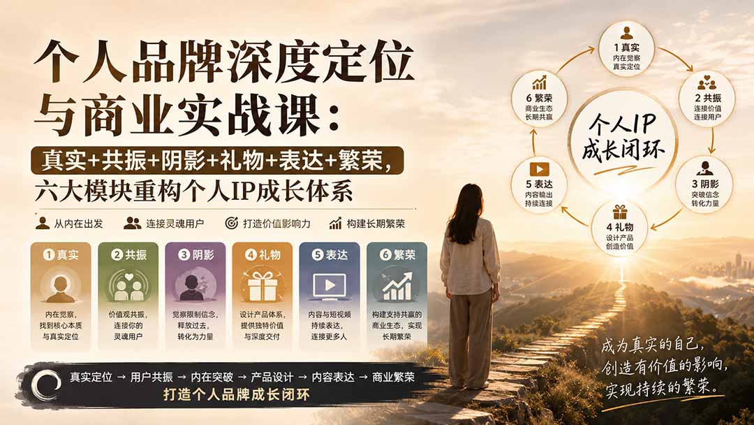 个人品牌深度定位与商业实战课：真实+共振+阴影+礼物+表达+繁荣，六大模块重构个人IP成长体系-只做优质可落地项目