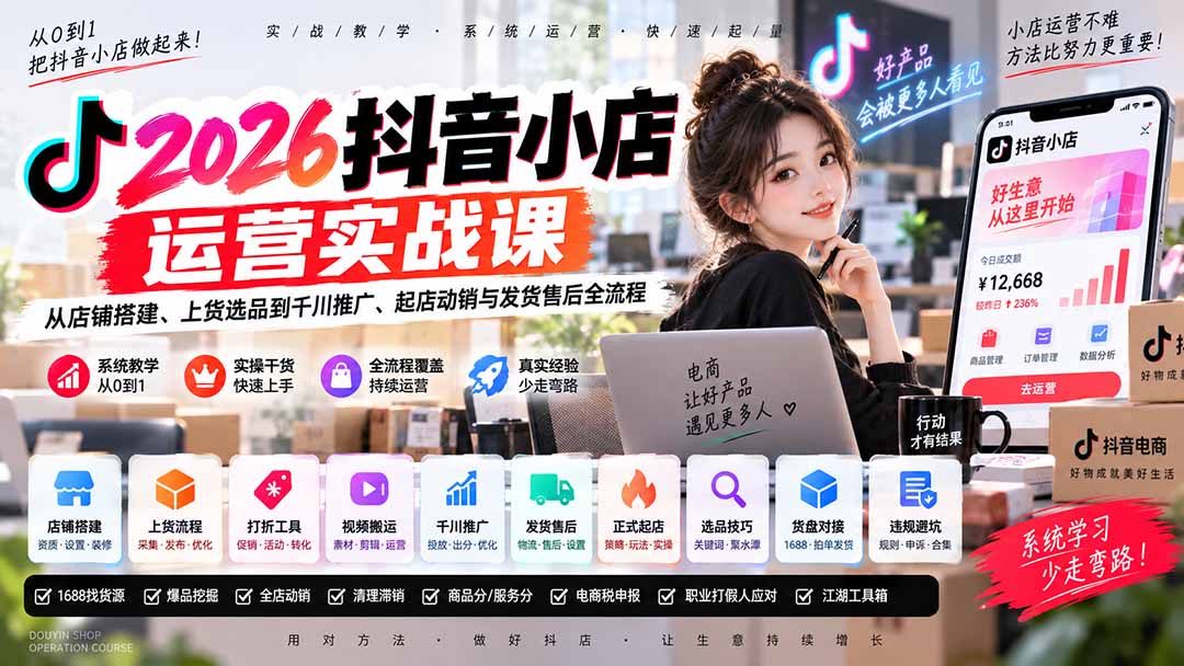 2026抖音小店运营实战课｜从店铺搭建、上货选品到千川推广、起店动销与发货售后全流程-只做优质可落地项目