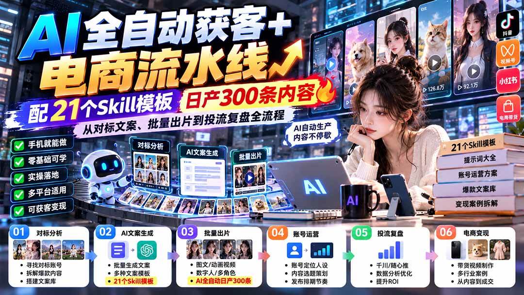 (20713期)【无水印】AI全自动获客+电商流水线-更新0929:配21个Skill模板,日产300条内容,从对标文案、批量出片到投流全流程-只做优质可落地项目