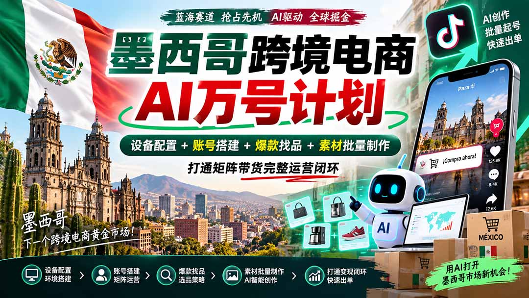 墨西哥AI跨境电商万号计划｜设备配置+账号搭建+爆款找品+素材批量制作，打通矩阵带货完整运营闭环-只做优质可落地项目