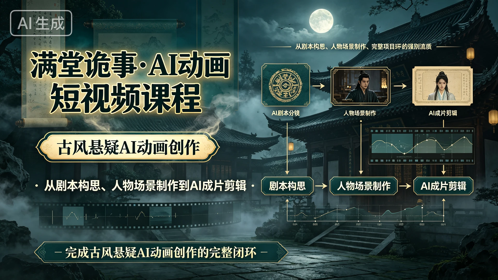 【精】满堂诡事・AI动画短视频课程,带你从剧本构思、人物场景制作到AI成片剪辑,完成古风悬疑AI动画创作的完整闭环-只做优质可落地项目