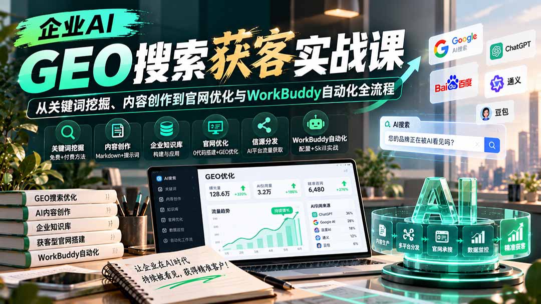 企业AI GEO搜索获客实战课：从关键词挖掘、内容创作到官网优化与WorkBuddy自动化全流程-只做优质可落地项目